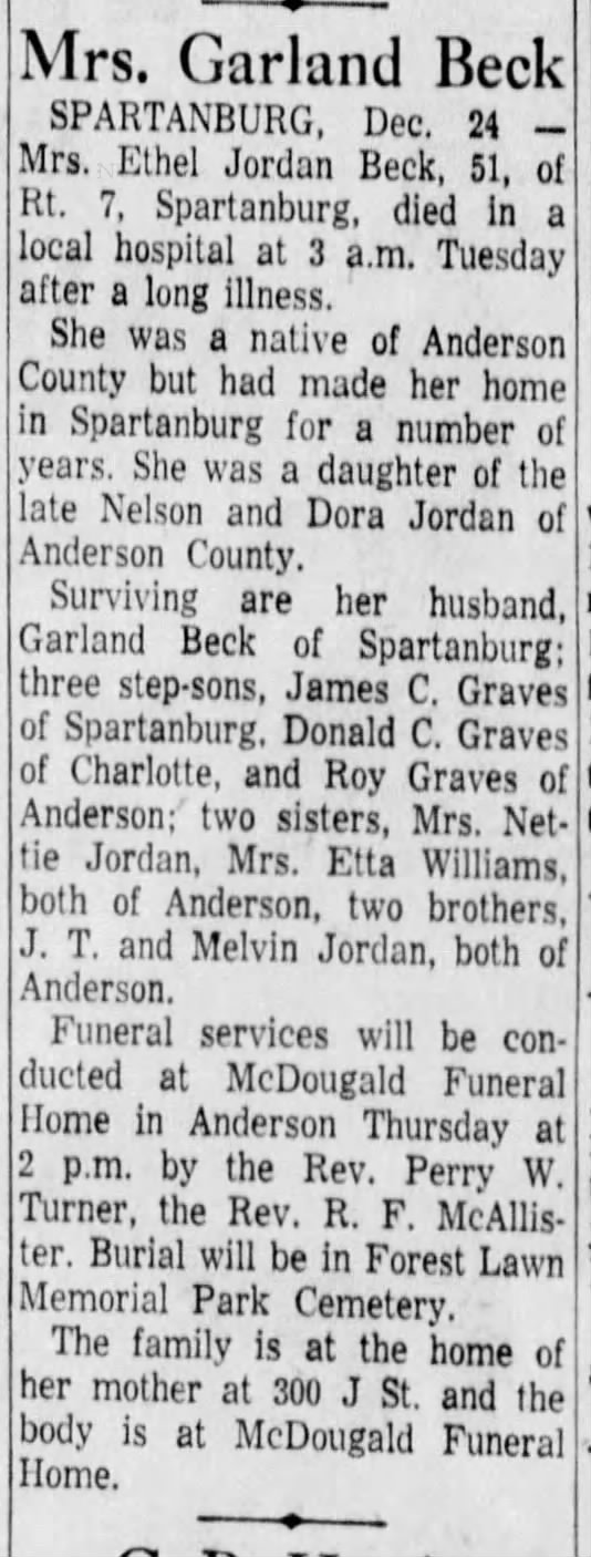Dora Ethel Jordan: Could this be Dora Ethel Jordan, who married James Seagraves, then Garland Beck?