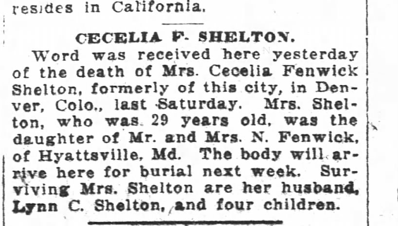Death of Cecelia Fenwick Shelton, The Wash Post, 10 Feb 1920
