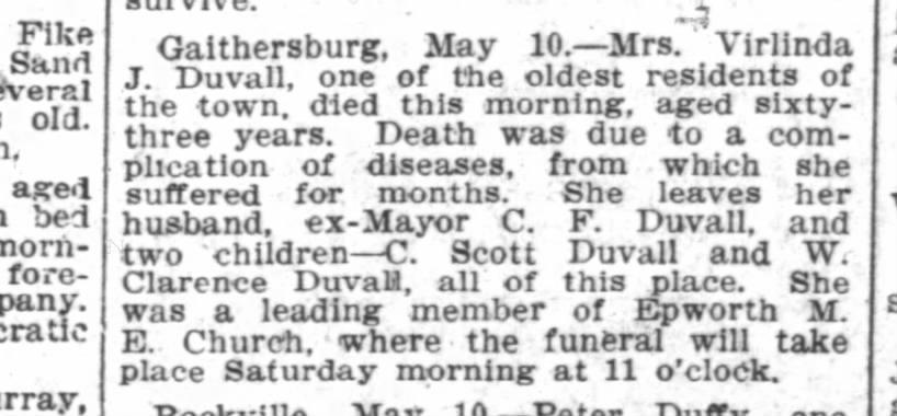 Verlinda J. Duvall Obit, Wash Post, 11 May 1906