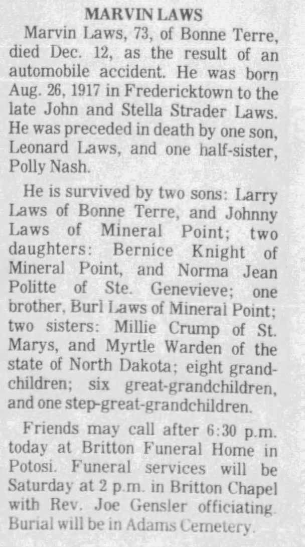 Obituary for MARVIN LAWS (Aged 73)