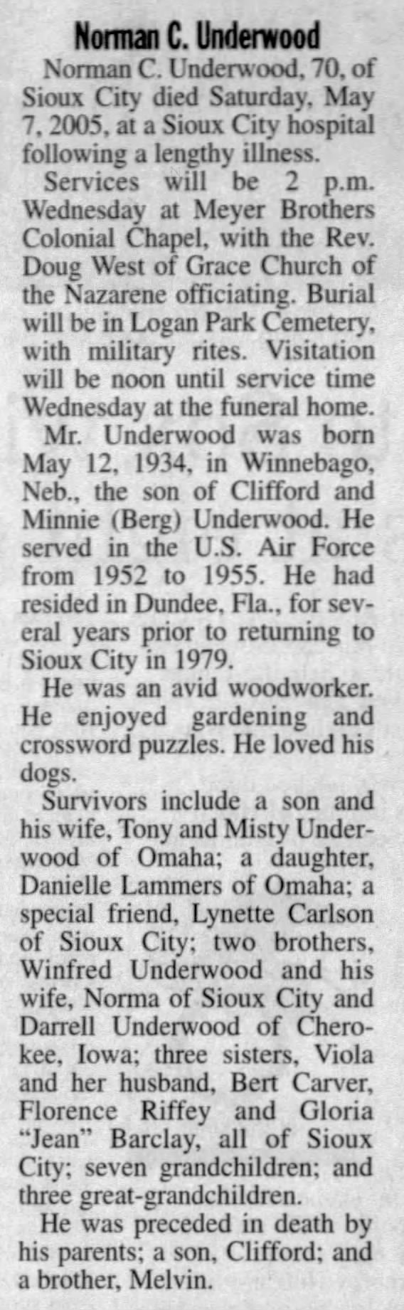 Norman Clifford Underwood, obituary- Sioux City Journal, 10 May 2005, pg 20