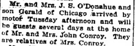J. S. O'Donahue and son Gerald visit John Conroy Aug 12, 1926 Sterling Daily Gazette