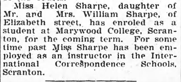 Helen Sharpe enrolls in Marywood Sept 9, 1921