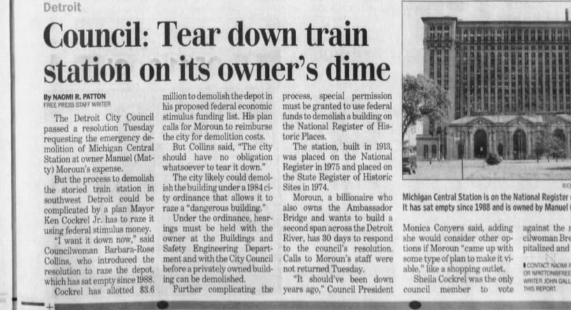 April 8 2009. Detroit Council orders demolition of the Train Station