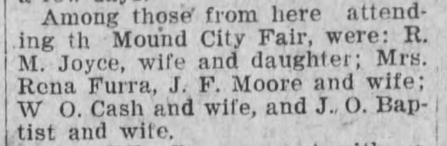 W.O. CASH and Wife, Uniontown KS, visited the Mound City Fair This Week. 1923