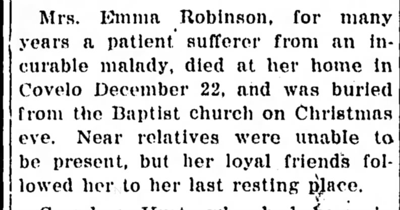 Emma Robinson buried from Baptist Church on Christmas Eve in Covelo