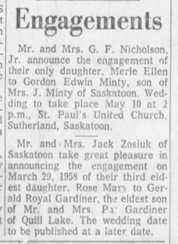 Engagement notice 08 April 1958 p. 8 Saskatoon Star Phoenix