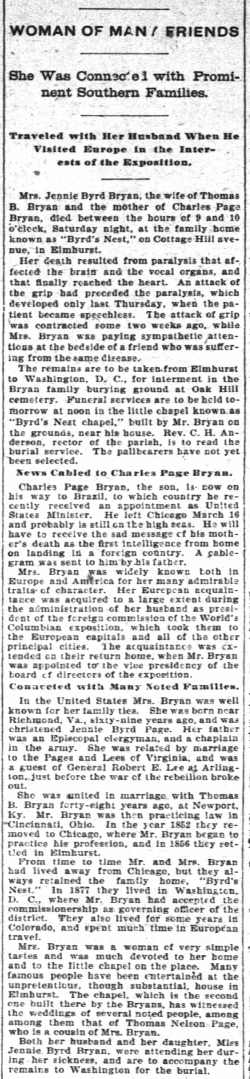 Death Jennie Byrd Bryan InterOcean Chicago March 8 1898