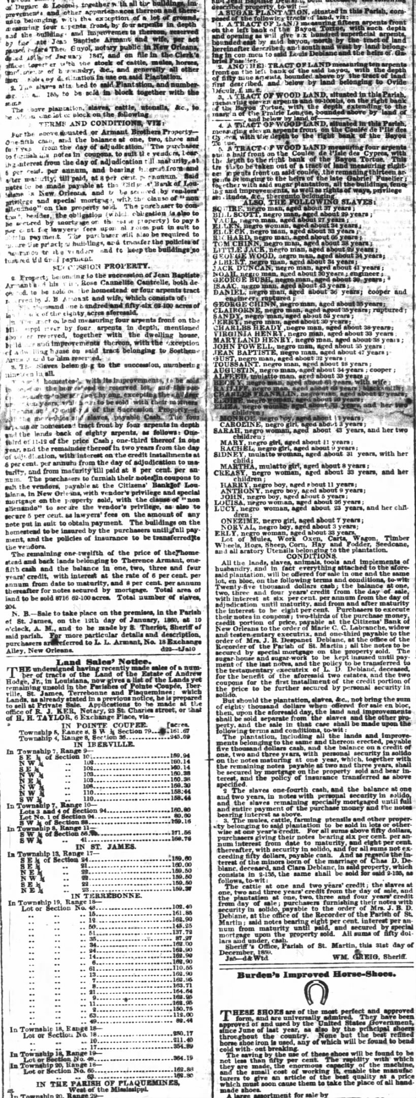 The Times-Picayune (New Oreleans, Louisiana) 10 Jan 1860 Sucession Records showws slaves