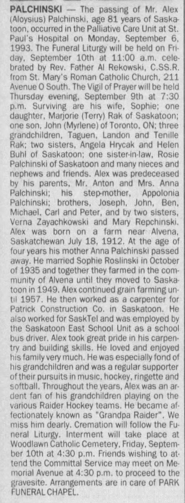 Obituary Alex Pachinski d Sep 1993