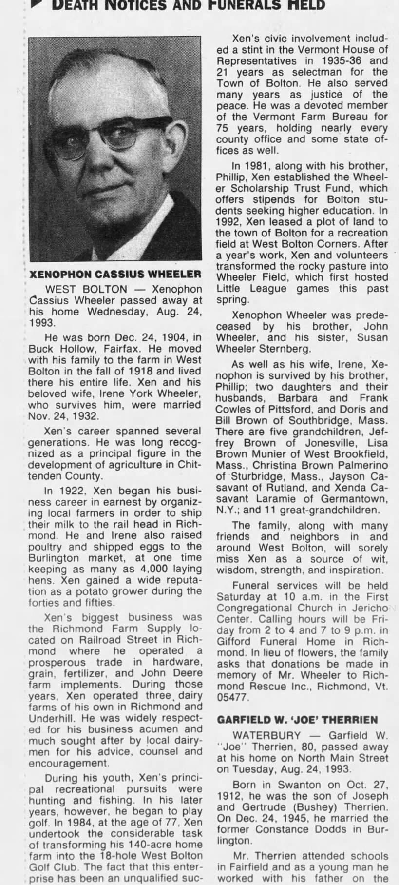 Obituary for XENOPHON CASSIUS WHEELER, 1904-1993 (Aged 80)