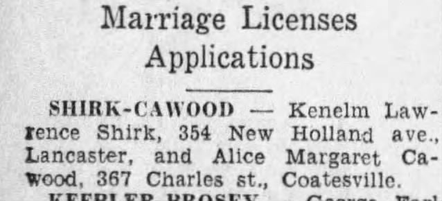 Shirk marriage to Alice Cawood, 1937.