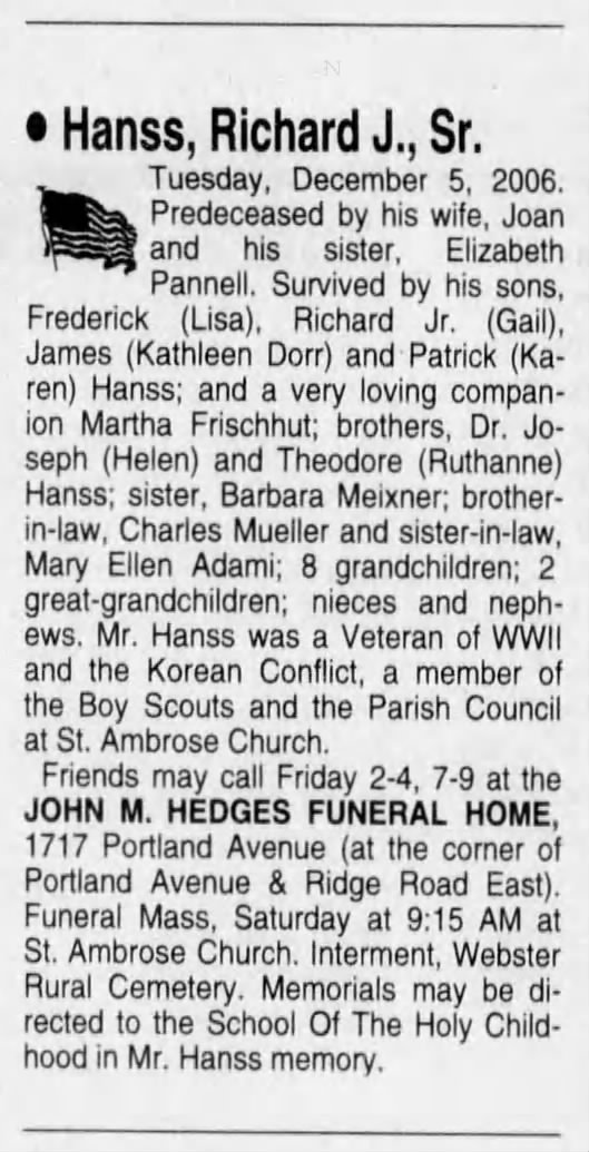 Richard Hanss obituary.
8 Dec 2006 Democrat and Chronicle