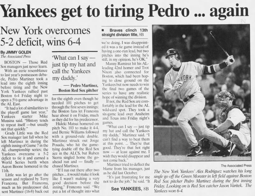 Yankees get to tiring Pedro...again - Jimmy Golen