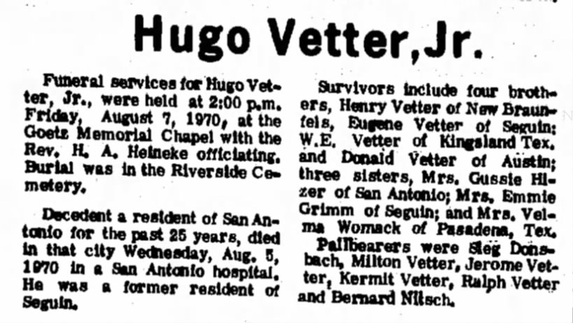 Obituary of Hugo Vetter, Jr.