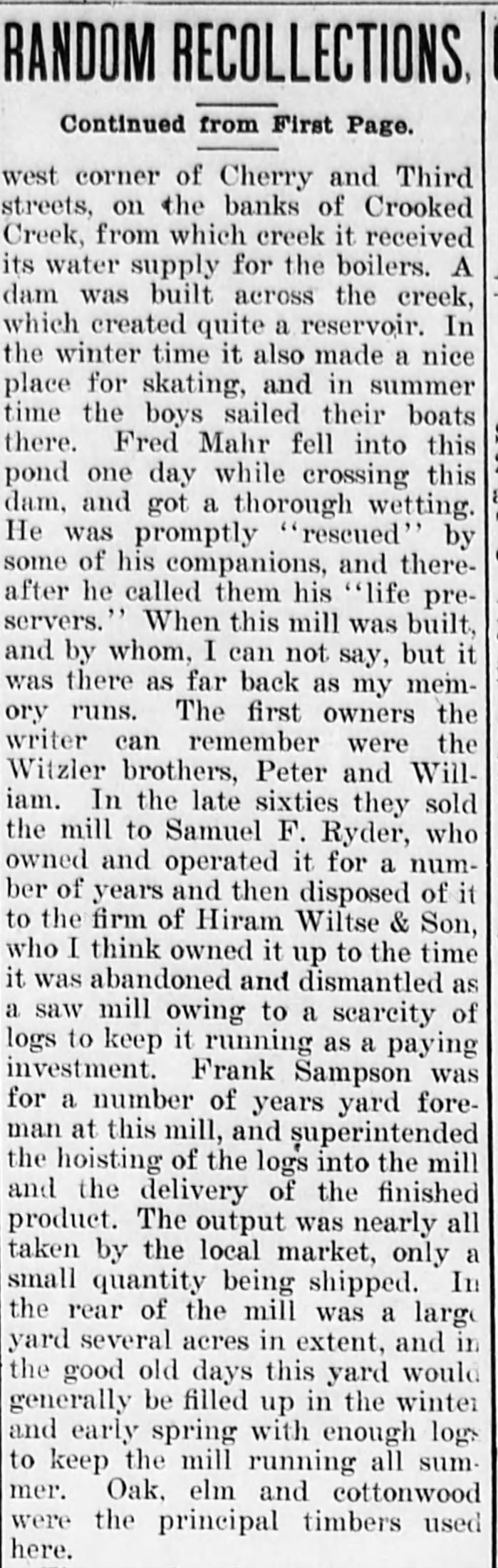 Rememberance of Perrysburg Saw Mill owned by Hiram Wiltse