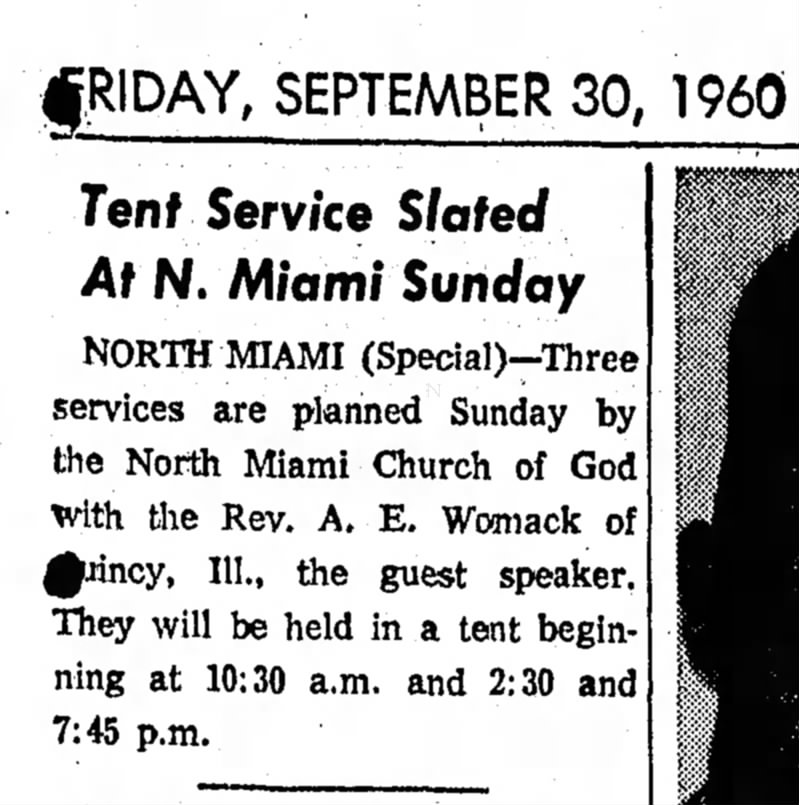 Tent Service planned by North Miami Church of God