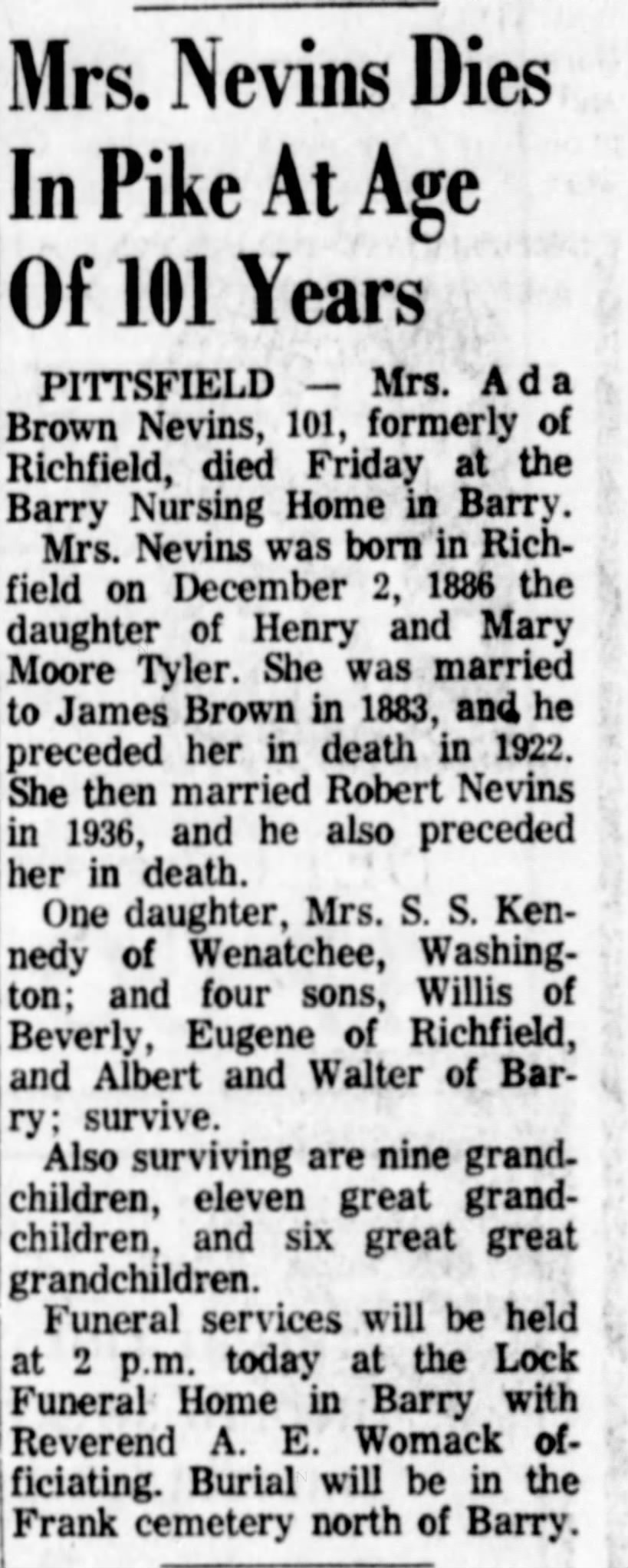 Obituary of Ada E. Nevins (Tyler), formerly of Richfield, Illinois