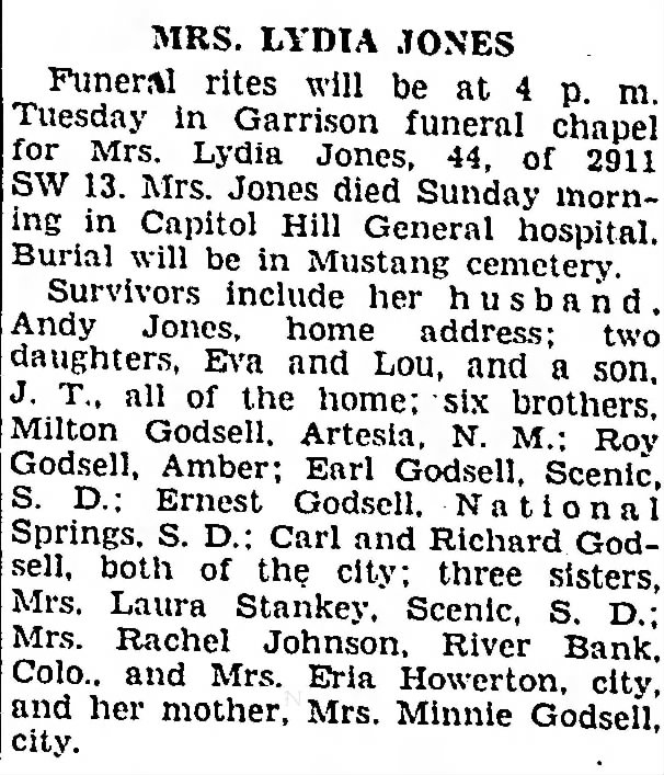 Funeral Announcement of Lydia Jones 1948