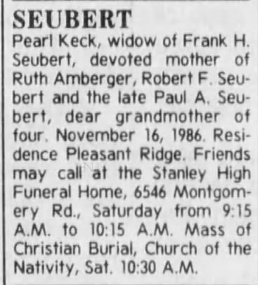 Obituary for Pearl SEUBERT