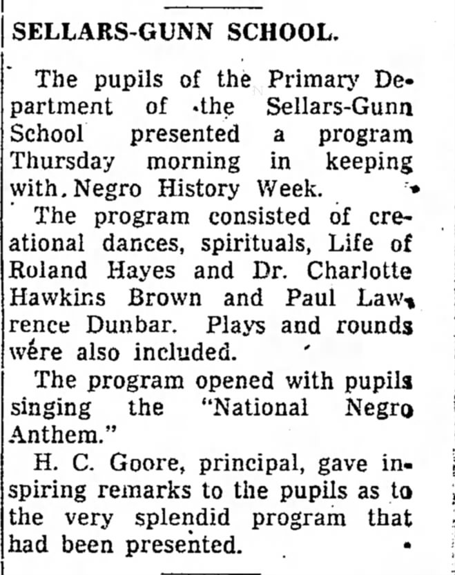 Negro History Week Program at Sellars-Gunn school; Dr. Brown included.
