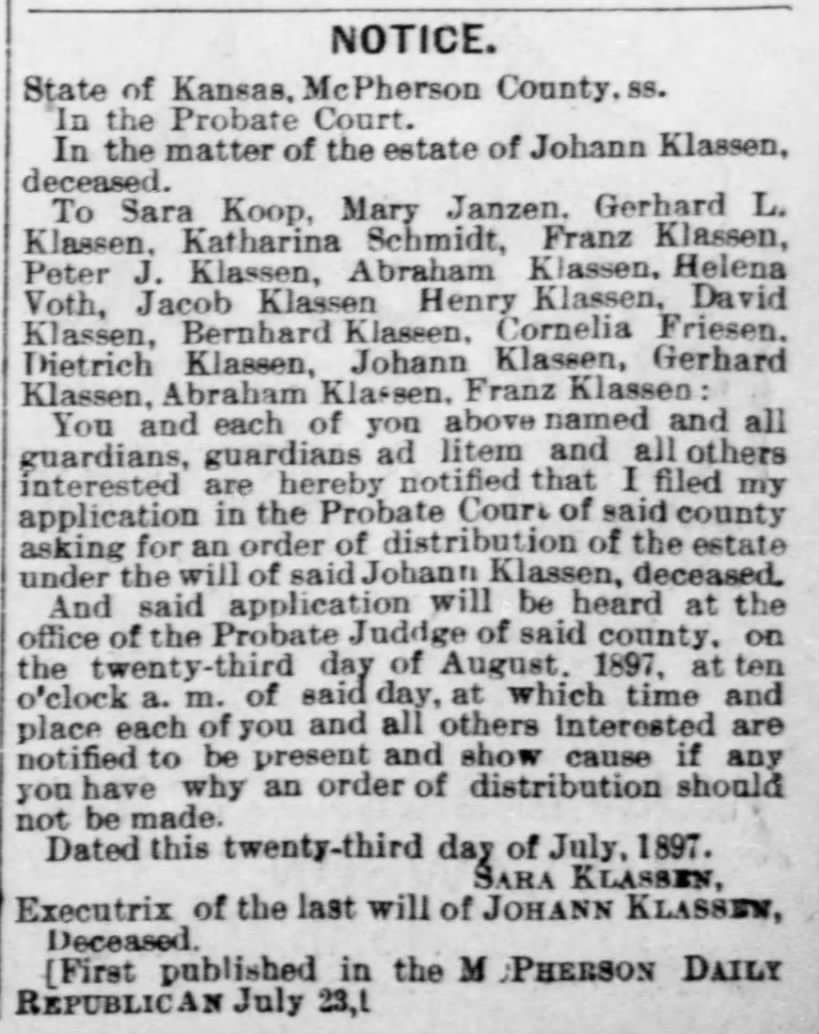 Klassen Probate 7-1897 Kansas