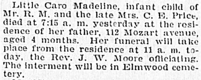 Cora Madeline 1897 obituary