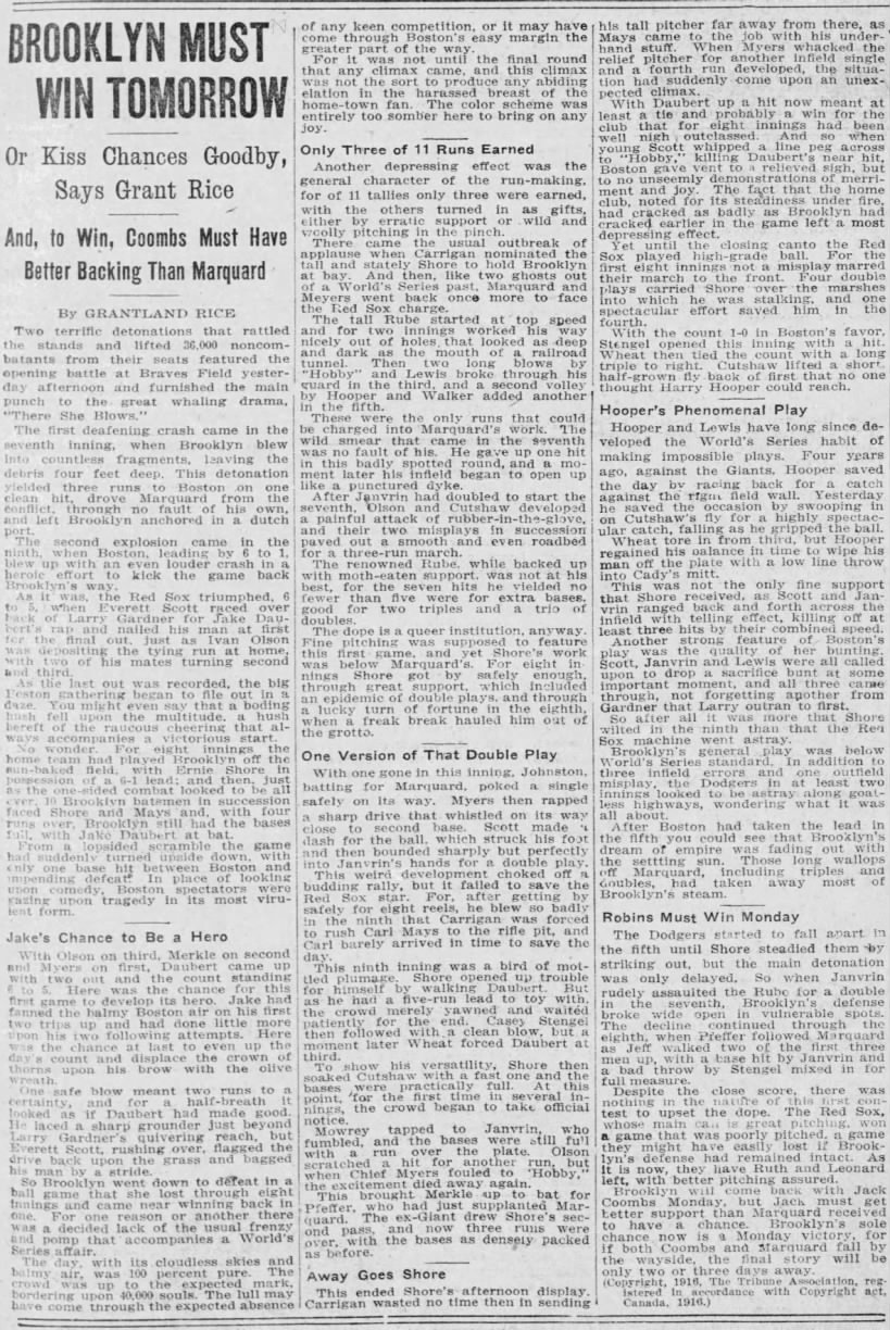 1916 World Series Game 1, Oct.8, from Boston Sunday Globe:  Red Sox 6, Brooklyn Robins 5