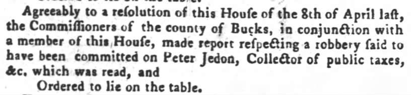 Report on robbery of Peter Jedon read by Bucks county commissioners at General Assembly