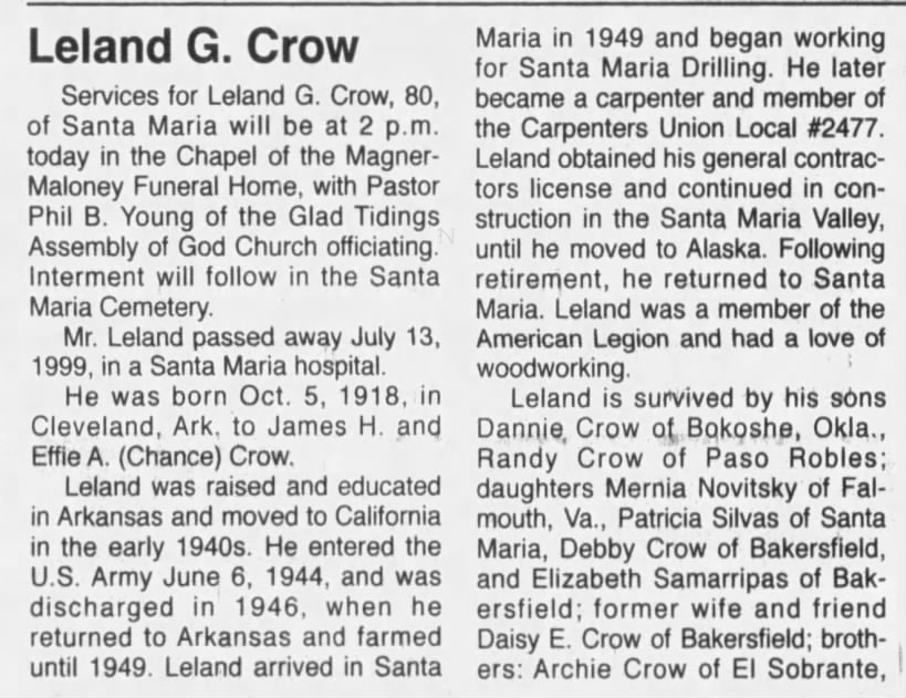 Obituary for Leland G. Crow, 1918-1999 (Aged 80)
