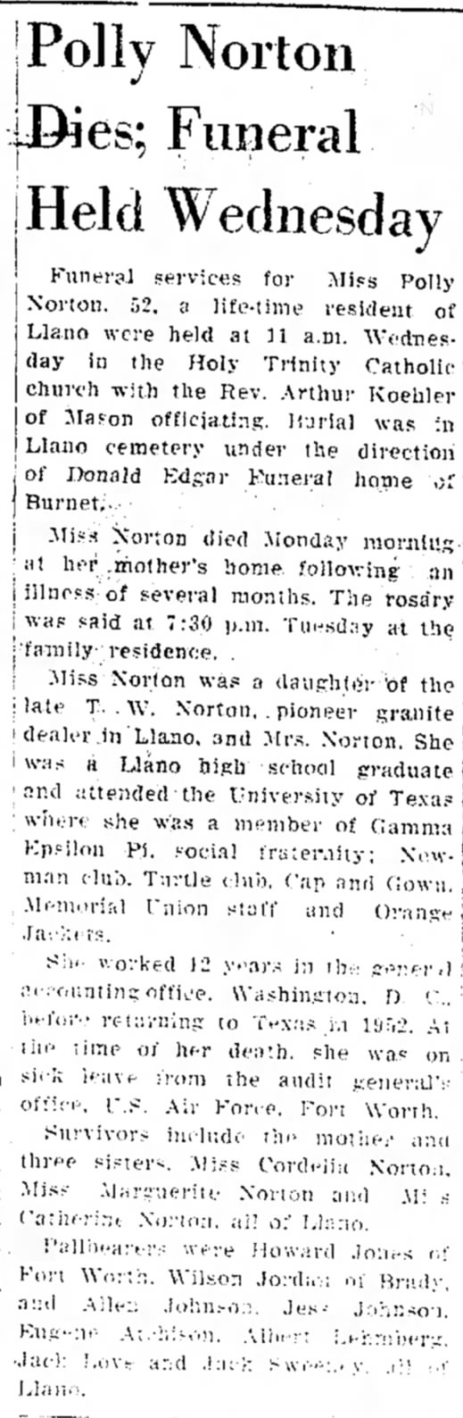Obit of Polly Norton - dau of Thos Norton - Llano News  15 Apr 1954