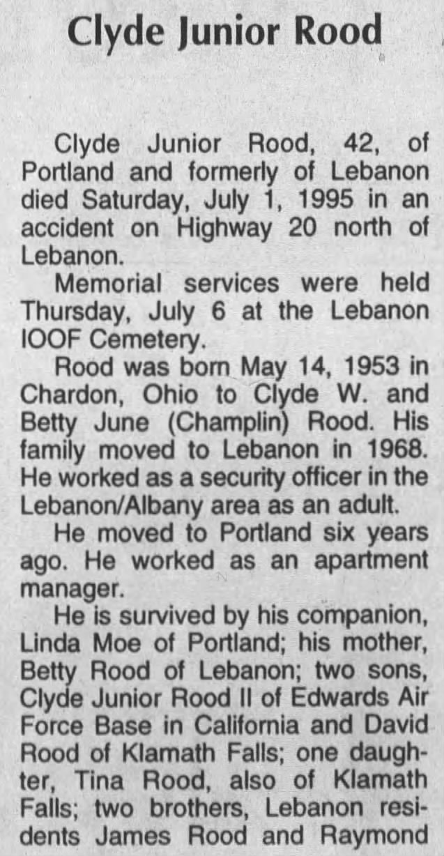 Obituary for Clyde Junior Rood - part 1