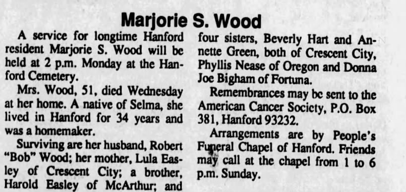 Obituary for Marjorie S. Wood (Aged 51)