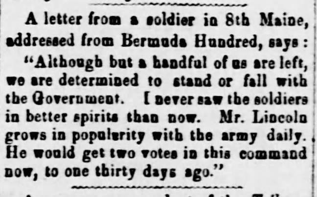 1864 news of a letter from 8th ME soldier