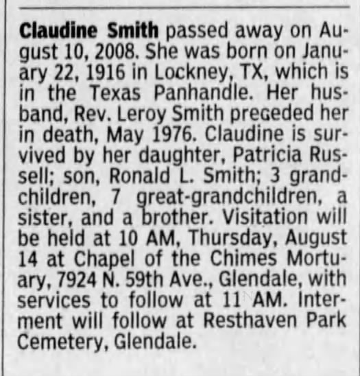 Obituary for Claudine Smith, 1916-2008