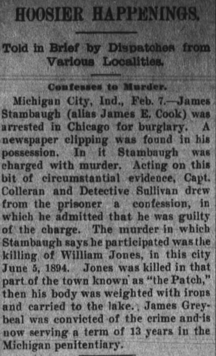 James Stambaugh -
Daily News-Democrat (Huntington, Indiana) 7 February 1898 Page 2