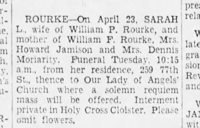 Sarah Cavanaugh Rourke D: 23 APR 1938