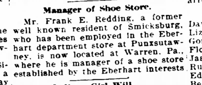 Frank E Redding sells shoes.
1913