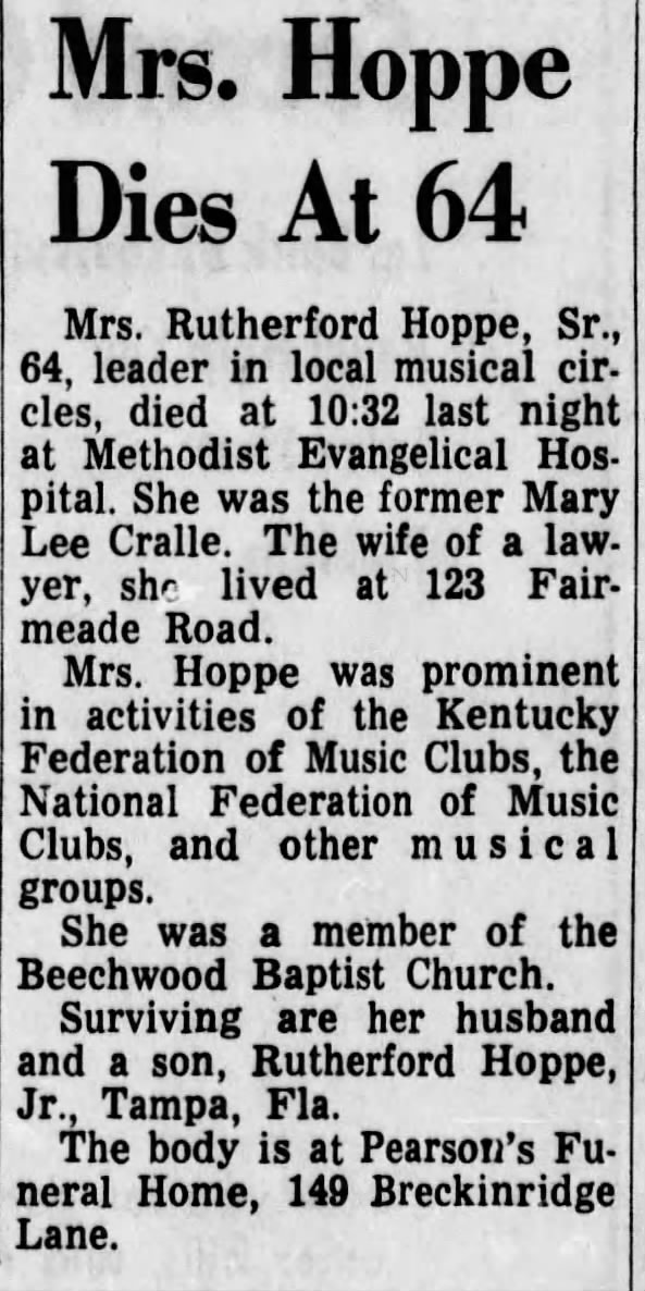 Mary Lee Cralle Hoppe Obituary30Nov 1964 p.18