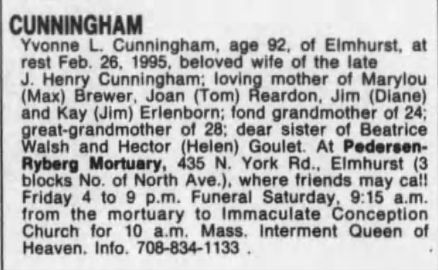 Cunningham Yvonne Goulet Obituary