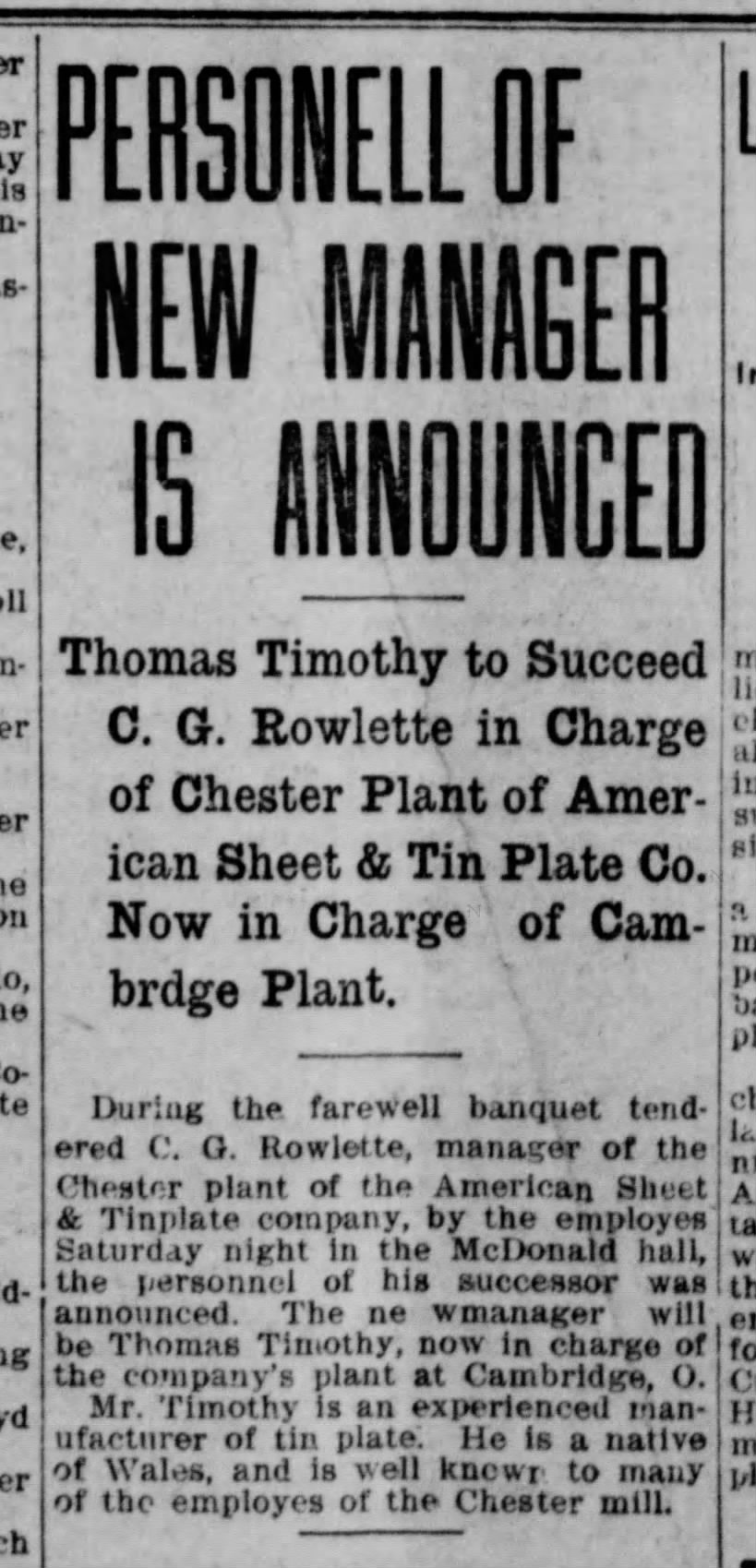 T.R. Timothy is new manager of the Chester plant of American Sheet & Tin Plate Co.