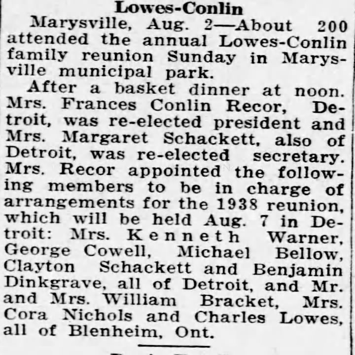 Lowes-Conlin family reunion- Benjamin Dinkgrave- The Times Herald of Port Huron Aug 2 1937