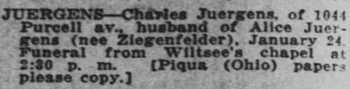 Chas. Juergens, artist, husband of Alice Ziegenfelder of Piqua, Ohio dies Cincinnati;  Jan 1919