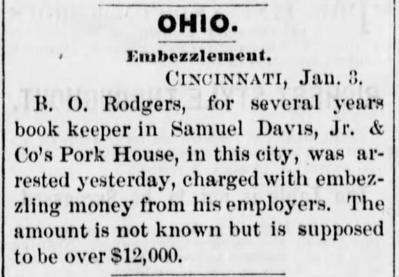 Embezzelment at Samuel Davis Jr. & Co.;  Jan 1874