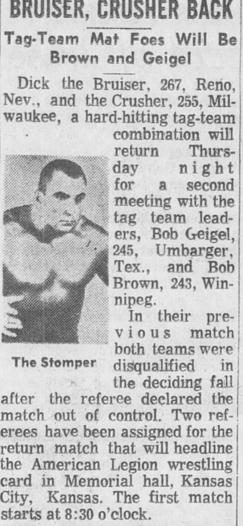 Crusher and Bruiser rematched with Brown and Geigel, KC, Kansas from July 9, 1967 KC Star