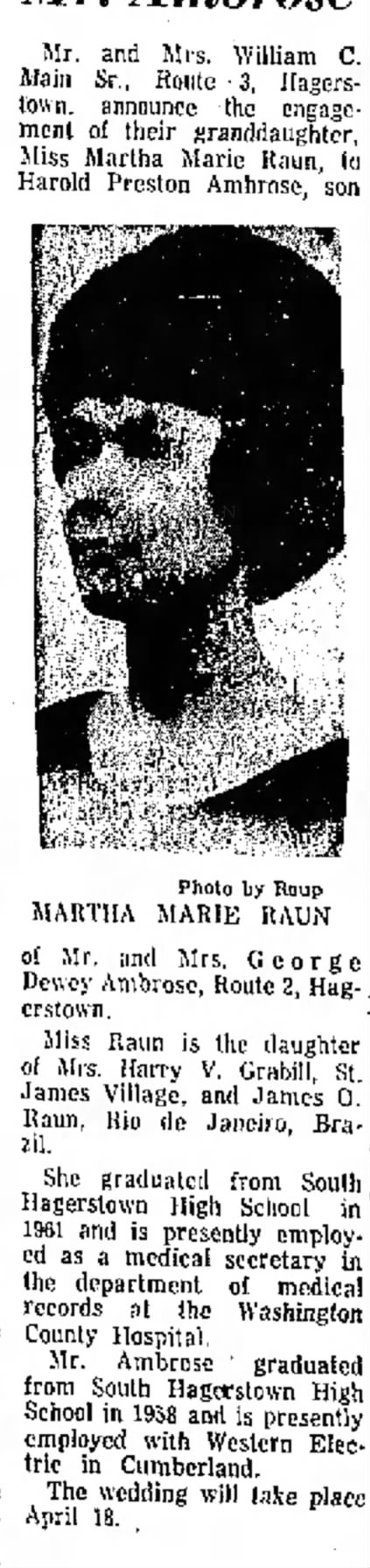 engagement announcement of martha Marie Raun, daughter of James Oliver Raun