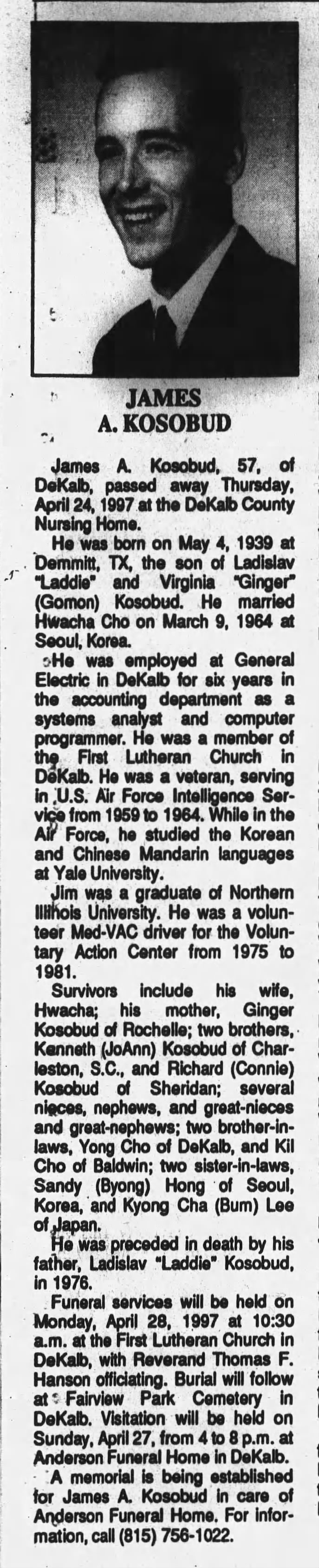 James Kosobud, obituary 1997, De Kalb, Illinois