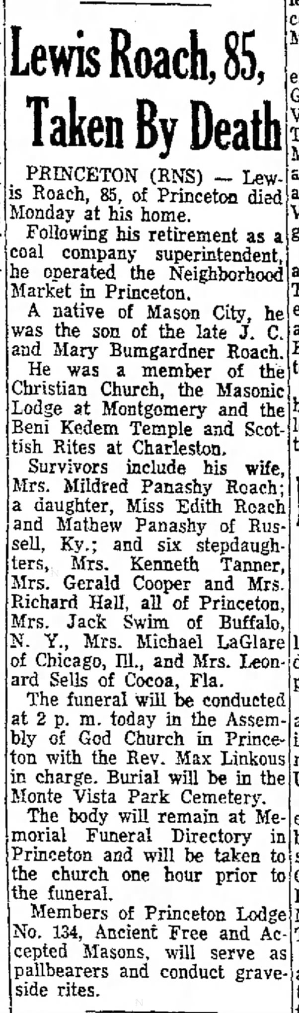Lewis Roach, obituary, 1964, West Virginia