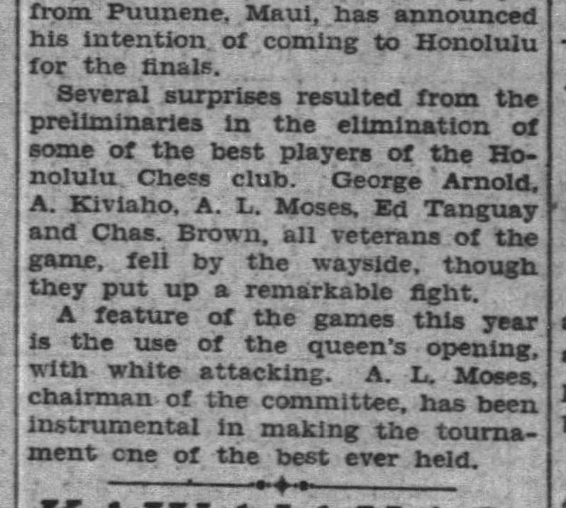 A. L. Moses, Alphonse Lemuel Moses, Hawaii, chess