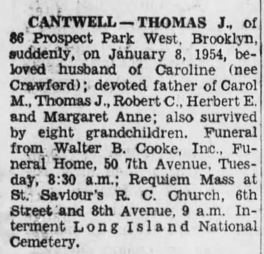 Thomas J Cantwell, Thomas Joseph Cantwell, obituary 1954, New York